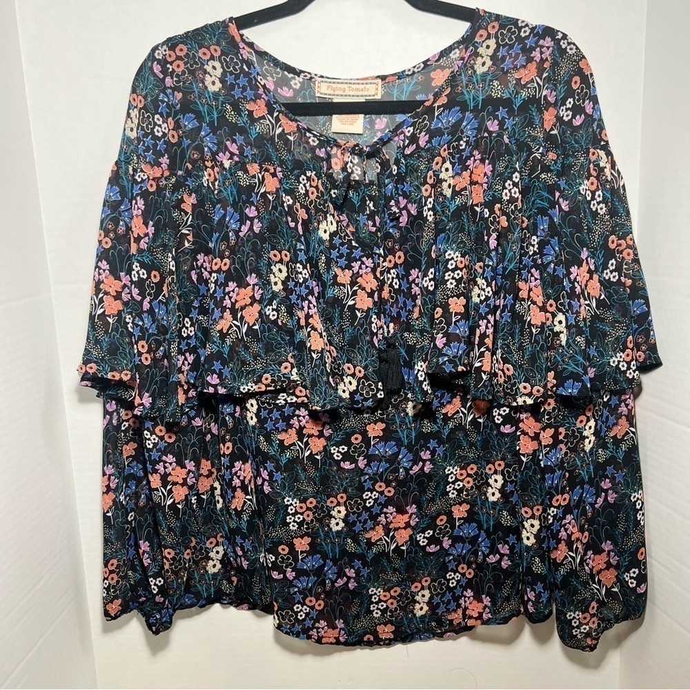 Flying Tomato Chiffon Ruffle Floral Colorful Blouse Bohemian Casual Festive Sz M